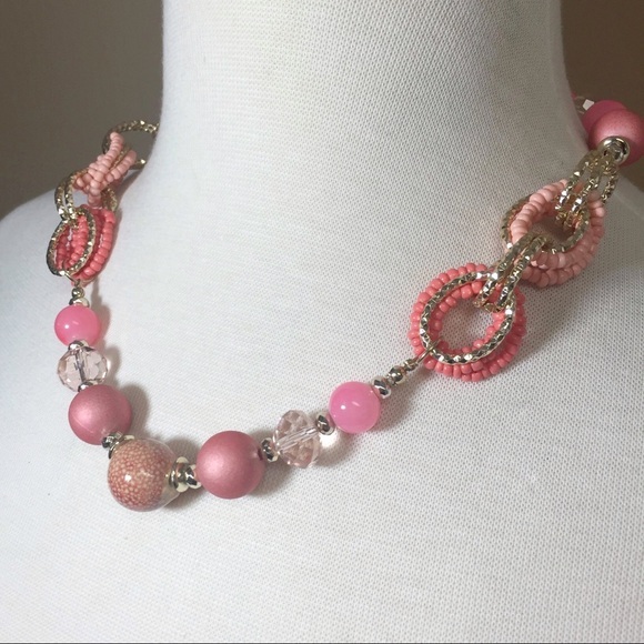Pink Beaded Statement Necklace Earrings Set - Picture 2 of 3